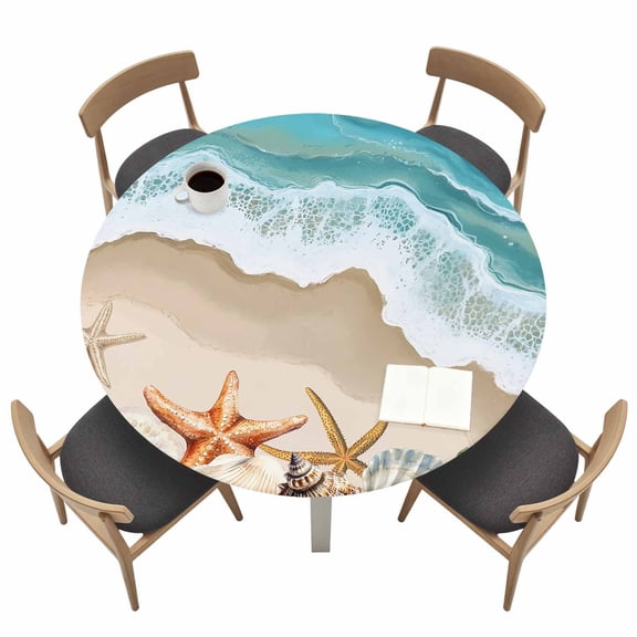 Summer Beach Round Fitted Tablecloth Spray Ocean Waves Waterproof Elastic Stretch Table Cover for 36"-44" Round Table, Oil Proof Tablecloth for Picnic Party Dinner