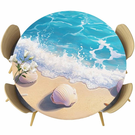 Summer Beach Round Fitted Tablecloth with Elastic Edge, Shell Starfish Spray Stretch Table Covers for 36"-44" Tables Wipeable Table Cloth for Outdoor