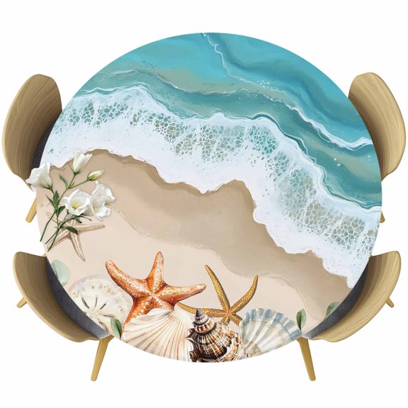 Summer Beach Round Fitted Tablecloth with Elastic Edge, Spray Ocean Waves Stretch Table Covers for 45"-54" Tables Wipeable Table Cloth for Outdoor