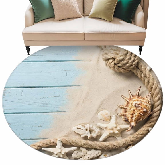 Summer Beach Round Living Room Rugs 6 ft, Blue Wood Grain Country Starfish Conch Sand Rope Washable Area Rug with Non-Slip Sturdy Edge Binding Round Carpet for Kitchen Office Bedroom