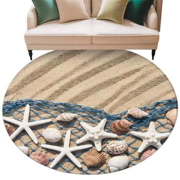 Summer Beach Round Living Room Rugs 6 ft, Seaside Starfish Shell Fishing Net Conch Sand Washable Area Rug with Non-Slip Sturdy Edge Binding Round Carpet for Kitchen Office Bedroom