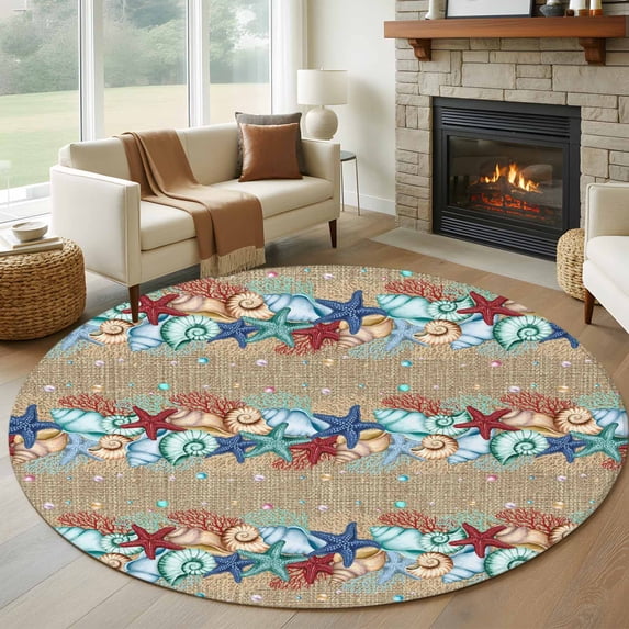 Summer Beach Round Living Room Rugs 6 ft, Starfish Shell Coral Coastal Vintage Brown Linen Washable Area Rug with Non-Slip Sturdy Edge Binding Round Carpet for Kitchen Office Bedroom