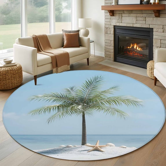 Summer Beach Round Living Room Rugs 7 ft, Ocean Palm Tree Blue Sky Shore Starfish Scenery Washable Area Rug with Non-Slip Sturdy Edge Binding Round Carpet for Kitchen Office Bedroom