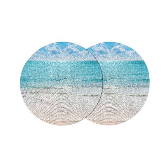 Summer Beach Round Placemats Set of 2 for Dinning Tables,Heat-proof Braided Table Mats 13 Inch,Blue Coastal Ocean Seaside Nautical Washable Place Mat for Kitchen Restaurant Party Decor Table Setting