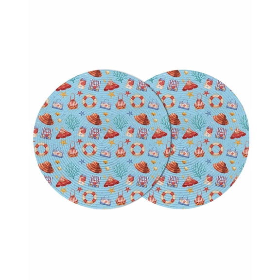 Summer Beach Round Placemats Set of 2 for Dinning Tables,Heat-proof Braided Table Mats 13 Inch,Blue Tropical Coastal Starfish Coral Washable Place Mat for Kitchen Restaurant Party Decor Table Setting