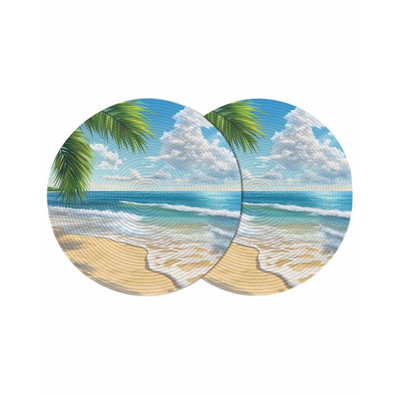 Summer Beach Round Placemats Set of 2 for Dinning Tables,Heat-proof Braided Table Mats 13 Inch,Coastal Ocean Tropical Palm Trees Washable Place Mat for Kitchen Restaurant Party Decor Table Setting