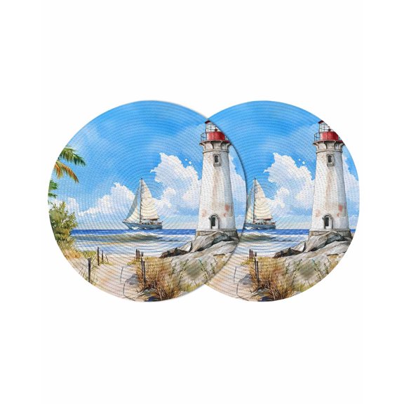 Summer Beach Round Placemats Set of 2 for Dinning Tables,Heat-proof Braided Table Mats 13 Inch,Retro Lighthouse Sailing Nautical Washable Place Mat for Kitchen Restaurant Party Decor Table Setting