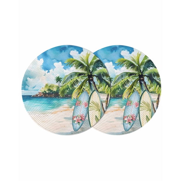 Summer Beach Round Placemats Set of 2 for Dinning Tables,Heat-proof Braided Table Mats 13 Inch,Tropical Coastal Palm Tree Surfboard Washable Place Mat for Kitchen Restaurant Party Decor Table Setting