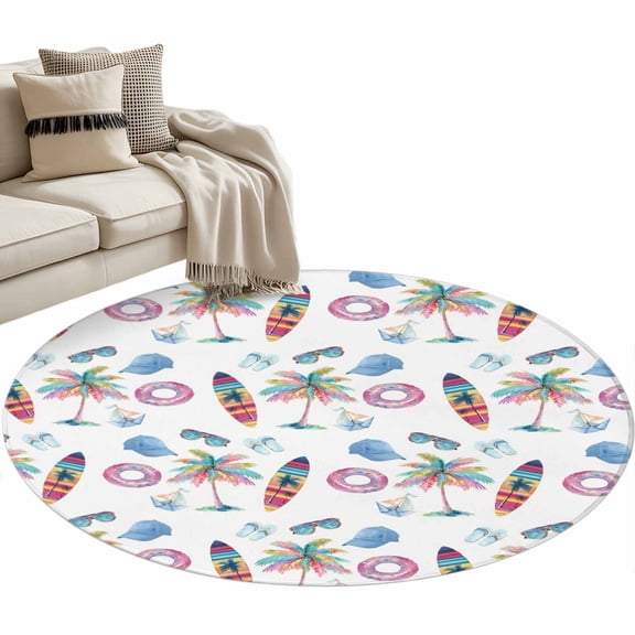 Summer Beach Round Rug 3ft Washable Circle Entryway Rugs Non Slip Colorful Surfboard Swim Ring Palm Tree Area Rug Indoor Floor Carpet for Bedroom Kitchen Living Room Home Office Dining Room Nursery