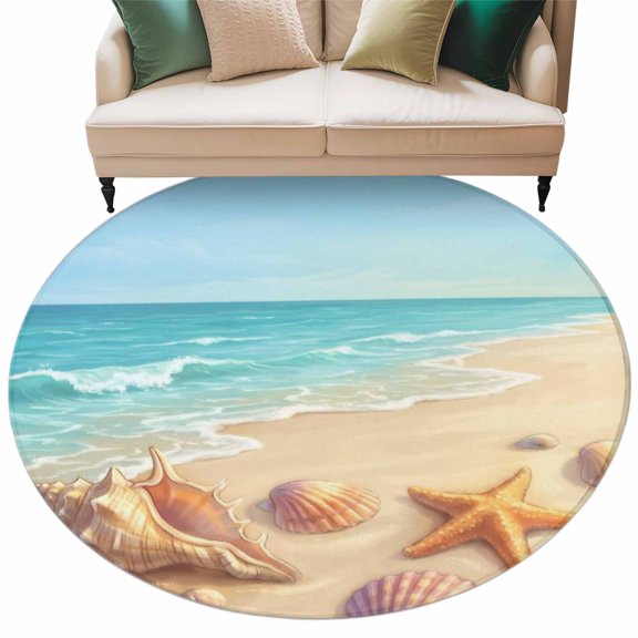 Summer Beach Round Rug 7ft Washable Circle Rugs Non Slip Coastal Ocean Waves Sandy Conch Starfish Large Area Rug Indoor Floor Carpet for Bedroom Kitchen Living Room Home Office Dining Room Nursery