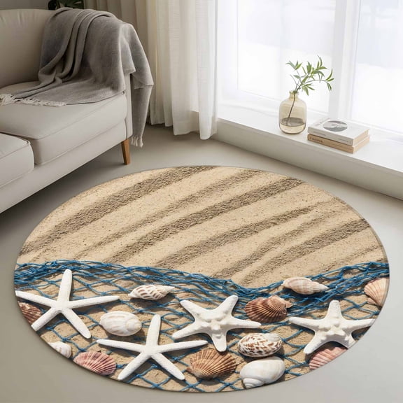 Summer Beach Round Rugs for Living Room 3ft Seaside Starfish Shell Fishing Net Conch Sand Non Slip Circle Rug Washable Low-Profile Indoor Carpet for Bedroom, Dining Room, Bathroom