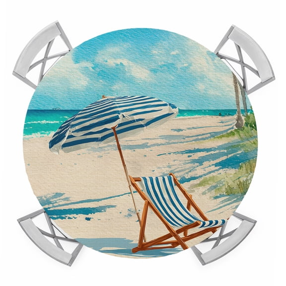 Summer Beach Round Table Cover, Vintage Sunshade Lounge Chair Coastal Blue Striped Waterproof Fitted Tablecloths for 55"-60" Tables, Washable Picnic Table Cover for Camping Dining Indoor Outdoor
