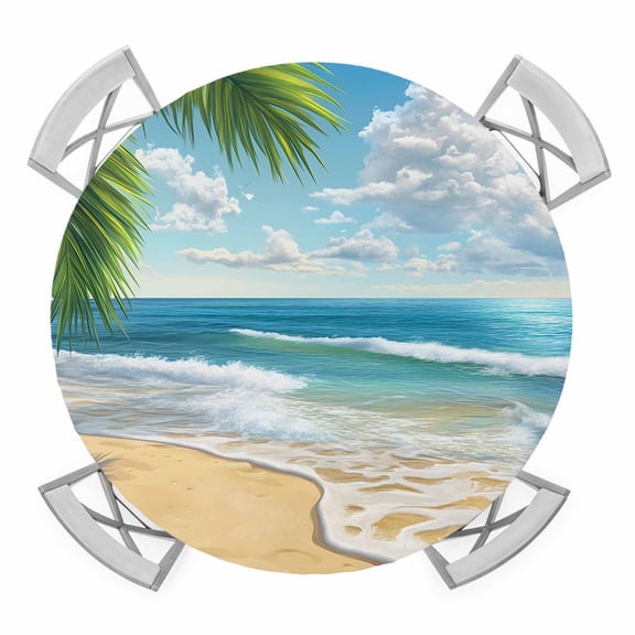 Summer Beach Round Tablecloth for 55-60 Inch Tables, Fitted Table Cover with Elastic Edge, Coastal Ocean Tropical Palm Trees Waterproof Outdoor Table Cloth Protector for Patio Garden Dinner Picnic
