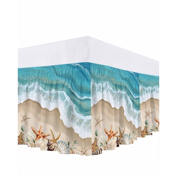 Summer Beach Ruffle Bed Skirt California King Size Spray Ocean Waves Adjustable Elastic Dust Bed Skirts Wrap Around Bedskirt Wrinkle Free Easy Fit with 18 Inch Drop