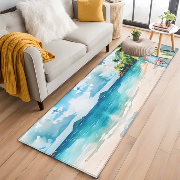 Summer Beach Runner Rug 2x6 FT,Non Slip Hallway Rugs,Tropical Coastal Palm Tree Surfboard Washable Soft Floor Carpet Throw Runner Carpet Long Rugs for Entryway Kitchen Bedside Sliding Door