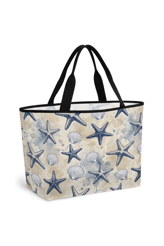 Summer Beach Sand Beach Bag for Women, Large Breathable Mesh Beach Tote Bag, Watercolor Ocean Starfish Seashells Blue Sandproof Lightweight Travel Bags for Vacation Picnic Swimming Pool