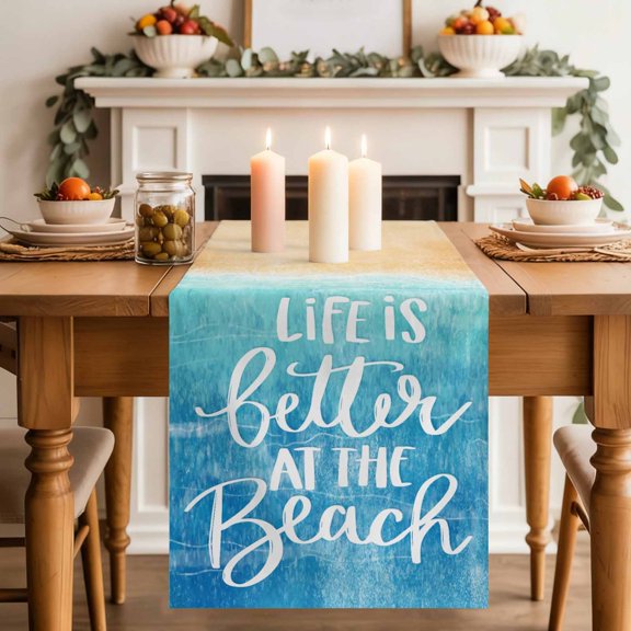 Summer Beach Sand Blue Sea Water Ripple Table Runner 70 Inches Long,Kitchen Dining Tablerunners Better Life Quote Linen Table Runners Dresser Scarves for Home Dinner Wedding Holiday Party Decor