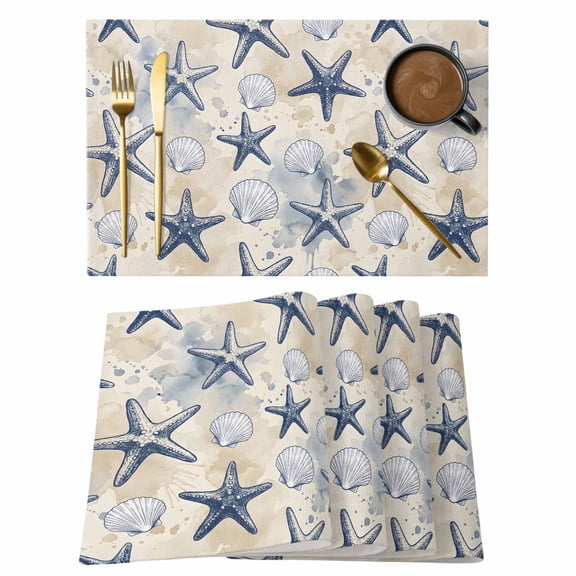 Summer Beach Sand Placemats Set of 12 Watercolor Ocean Starfish Seashells Blue Place Mats Indoor Wipeable Table Mats Washable Dining Table Placemats for Kitchen Holiday Party Home Decor 13x19 Inch