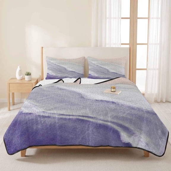 Summer Beach Sand Waves Purple Gradient 3 Pieces Quilt Set,1 Quilt with 2 Shams,Water Ripple Bedspread Soft Lightweight Bedding Coverlet Comforter Set for All Season 96"x106"