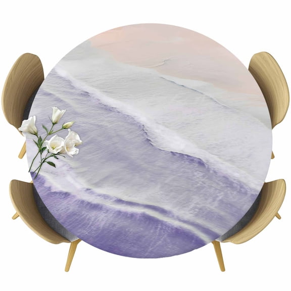 Summer Beach Sand Waves Purple Gradient Fitted Round Tablecloths Table Covers 36"-44",Waterproof Table Cloth for Kitchen Holiday Party Tables Decor