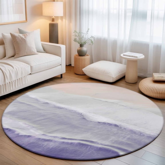 Summer Beach Sand Waves Purple Gradient Round Rug 5ft Water Ripple Washable Area Rugs for Living Room Bedroom Entryway Non Slip Entrance Door Mat Indoor Floor Carpet