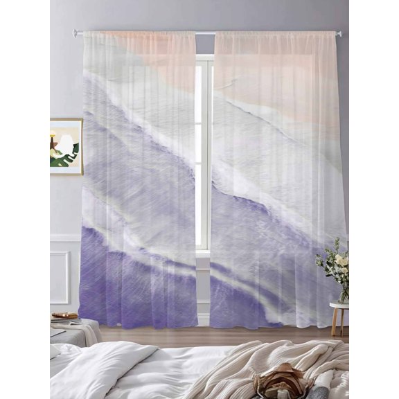 Summer Beach Sand Waves Purple Gradient Sheer Curtains 2 Panels Set Water Ripple Lihgt Filtering Rod Pocket Voile Drape,Semi Sheer Window Curtains for Bedroom Living Room,52"x84"