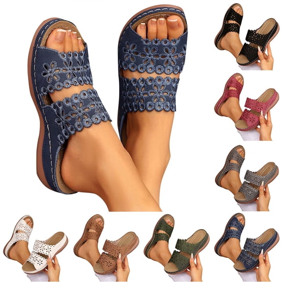 Summer Beach Sandals for Women Comfortable Wedge Sandals Open Toe Slippers with Arch Support Round Head Flower Sandals for Casual Walking