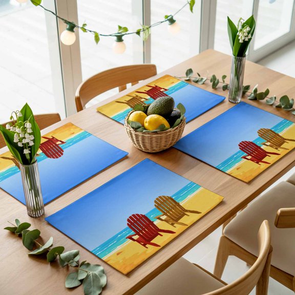 Summer Beach Sandy Chairs Placemats Set of 4,Wipeable Washable Table Mats for Dining Tables, Ocean Scene Blue Sky Place Mats for Kitchen Event Party Tabletop Decor