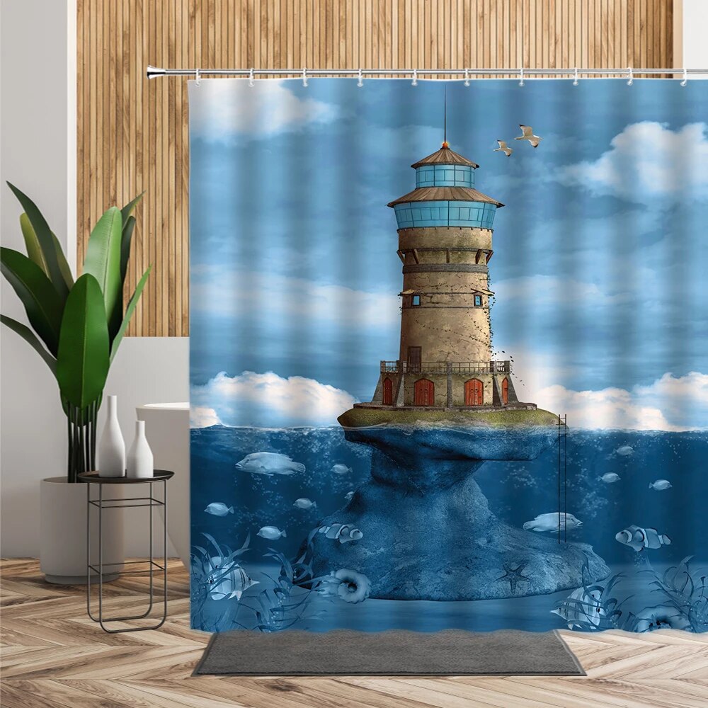 Summer Beach Scenery Shower Curtain Lighthouse Seagull Beach Background