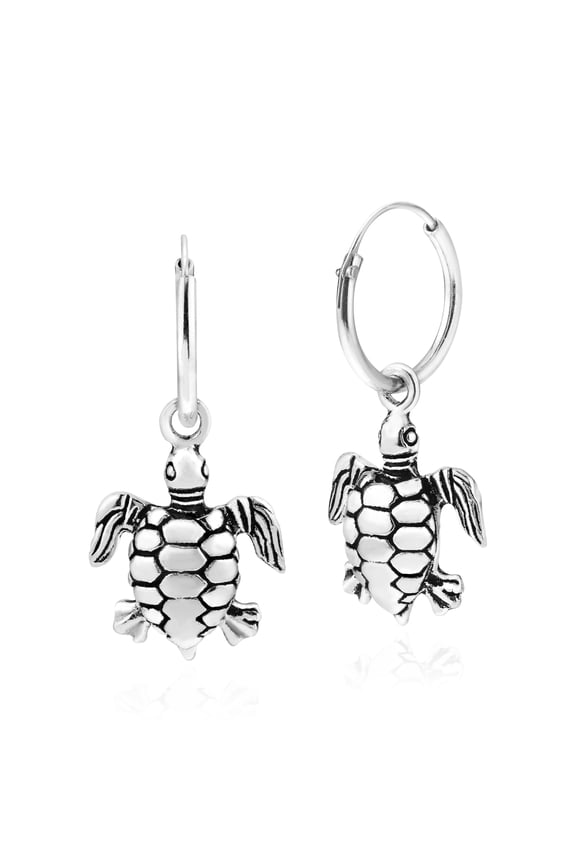 Summer Beach Sea Animal .925 Sterling Silver Turtle Hoop Earrings