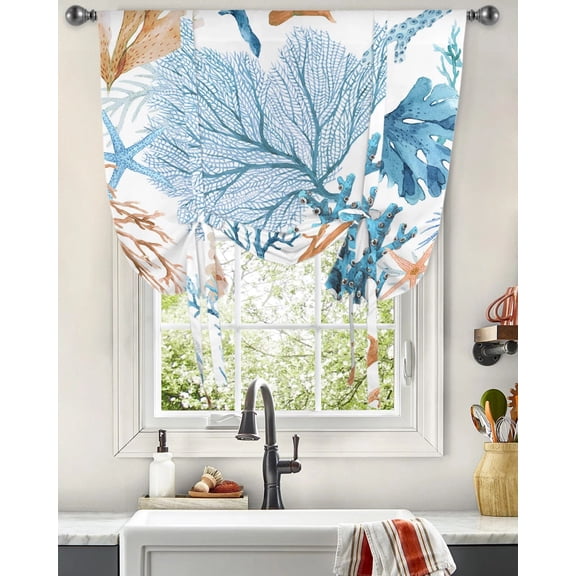 Summer Beach Sea Life Coral Window Curtain for Living Room Kitchen Tie-up Roman Curtain Home Decor Balcony Blinds Drapes