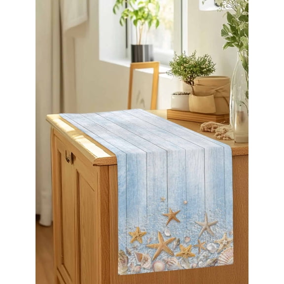 Summer Beach Sea Star Nut Shell Table Runner 36 Inches Long,Kitchen Dining Tablerunners Farm Blue Wood Linen Table Runners Dresser Scarves for Home Dinner Wedding Holiday Party Decor