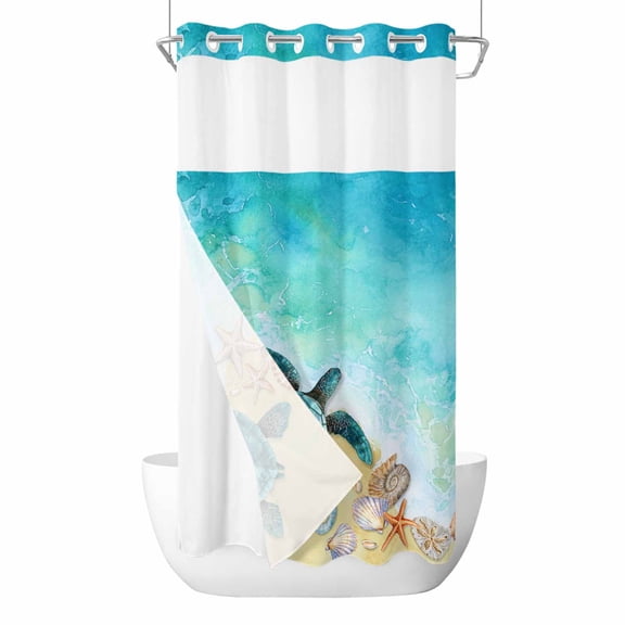 Summer Beach Sea Turtle Shell No Hook Shower Curtain with Snap in Liner Set,Coastal Blue Ocean Waterproof Fabric Shower Curtains with See Through Top Window for Bathroom,36Wx72L