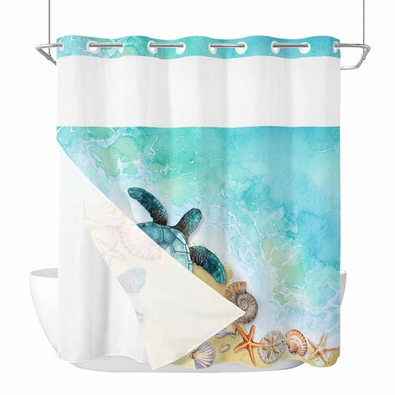 Summer Beach Sea Turtle Shell No Hook Shower Curtain with Snap in Liner Set,Coastal Blue Ocean Waterproof Fabric Shower Curtains with See Through Top Window for Bathroom,72Wx78L