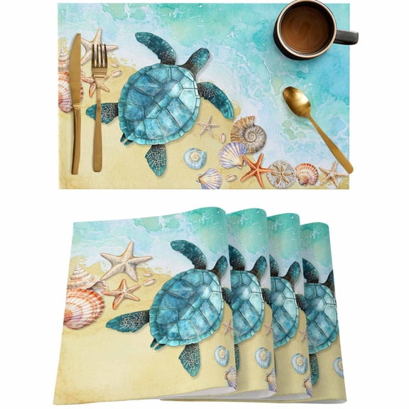 Summer Beach Sea Turtle Shell Placemats Set of 4,Wipeable Washable Table Mats for Dining Tables,Coastal Blue Ocean Place Mats for Kitchen Event Party Tabletop Decor