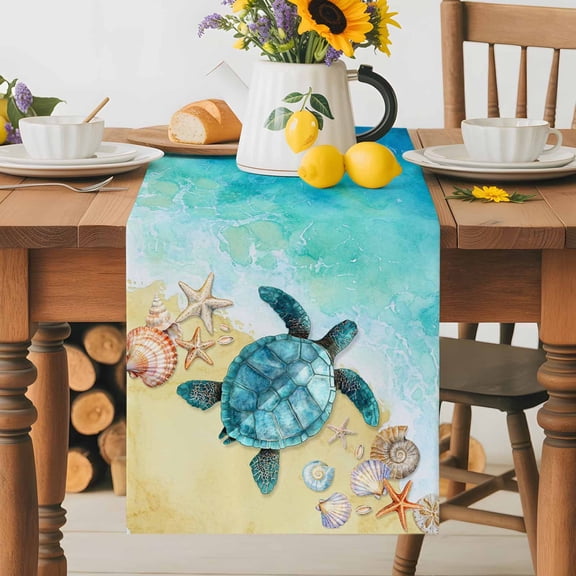 Summer Beach Sea Turtle Shell Table Runner 36 Inches Long, Coastal Blue Ocean Table Runners Tabletop Scarf Kitchen Dining Tables Decoration for Home Party Indoor Outdoor