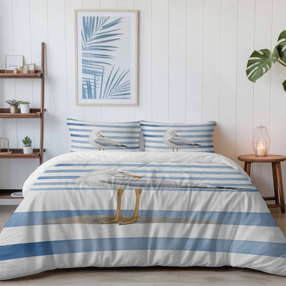 Summer Beach Seagull Stripe California King Size Bed Set,Coastal Ocean Blue Line Bedding for All Seasons,4 Pcs Bed Set with 1 Quiltcover (96"x104"),1 Sheet (110"x98"),2 Pillowcases (20"x36")