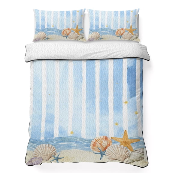 Summer Beach Seashell 3 Piece Quilt Bedding Set with 2 Pillow Shams, Ocean Watercolor Sea Shell Starfish Blue Stripe Lightweight Bedspread Coverlet, Soft Breathable All Season Quilt, 79 x 90 Inch
