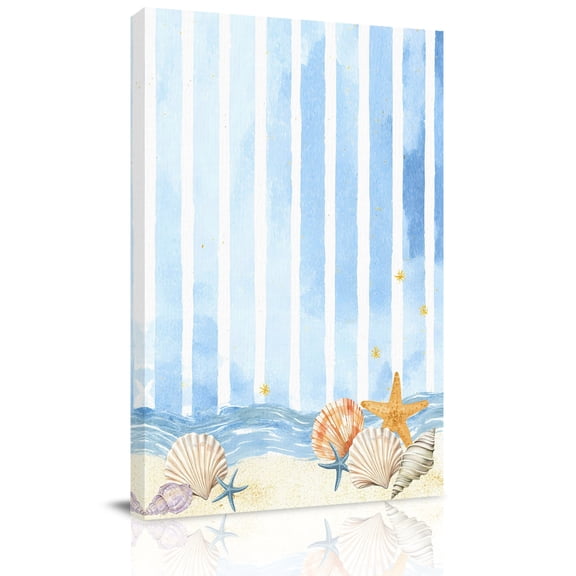 Summer Beach Seashell Canvas Wall Art for Living Room, Ocean Watercolor Sea Shell Starfish Blue Stripe Wall Decor Framed Artwork Pictures Ready to Hang for Bedroom Office Home Decor