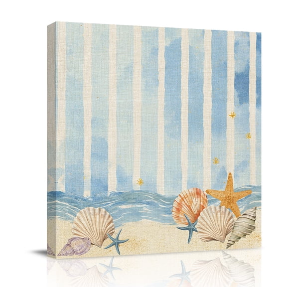 Summer Beach Seashell Canvas Wall Art for Living Room, Ocean Watercolor Sea Shell Starfish Stripe Wall Decor Framed Artwork Pictures Ready to Hang for Bedroom Office Home Decor