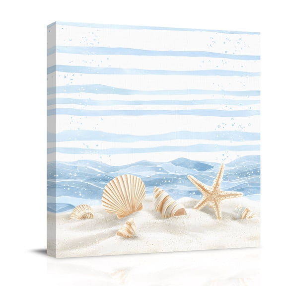 Summer Beach Seashell Canvas Wall Art for Living Room, Ocean Watercolor Sea Shell Starfish Stripe Wave Poster Print Painting for Bedroom Office Home Decoration Wall Pictures Prepare To Hang 8"x8"