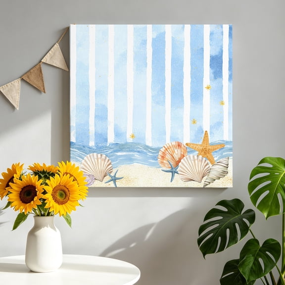 Summer Beach Seashell Canvas Wall Art, Ocean Watercolor Sea Shell Starfish Blue Stripe Pictures Wall Decor Wooden Framed Artwork Art Prints for Living Room Hallway Bedroom Office 10"x10"