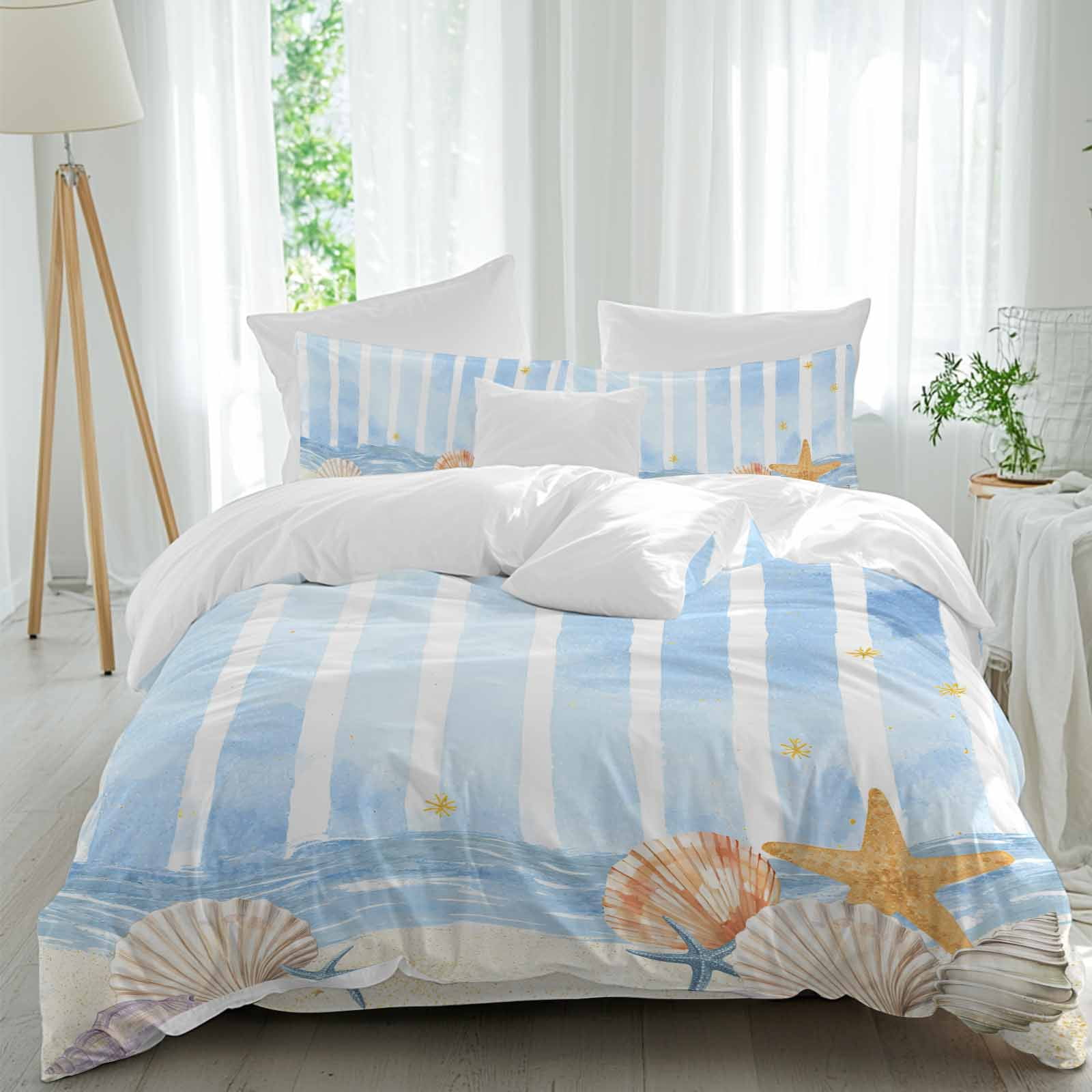Sea Shell Comforters Summer Beach Seashell Duvet Cover Set Full Size, Ocean Watercolor Sea ...