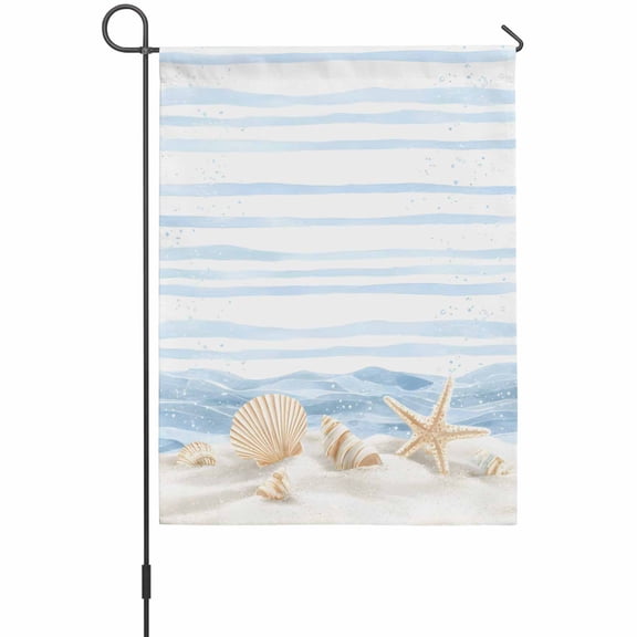 Summer Beach Seashell Garden Flag 12 x 18 Inches, Ocean Watercolor Sea Shell Starfish Stripe Wave Weather Proof Outdoor Patio Flags Double Sided Small Garden Decoration for Yard Outside Home