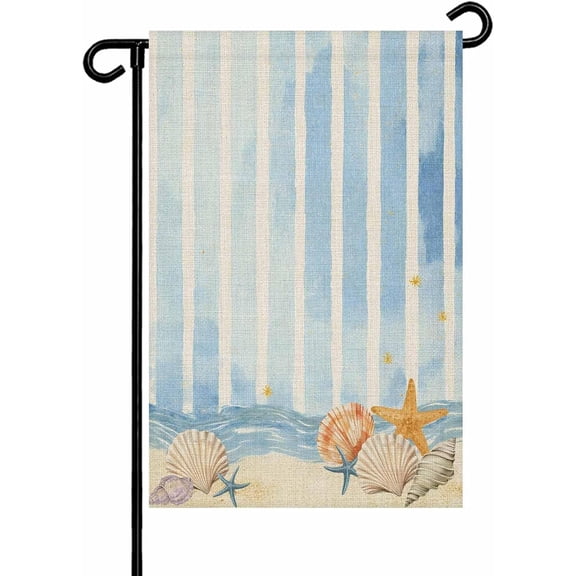Summer Beach Seashell Garden Flag 12x18 Inch Ocean Watercolor Sea Shell Starfish Stripe Double Sided Yard Flags for Outdoor Decoration Welcome Flag Outside Holiday Home Garden Porch lawn Patio Sign