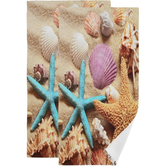 Summer Beach Seashell Kitchen Hand Towels 2 PCS, Starfish Marine Seaside Fingertip Bath Towels Ultra Soft and Highly Absorbent, Decorative Face Towels Dish Washcloths, 28.3"x14.4"