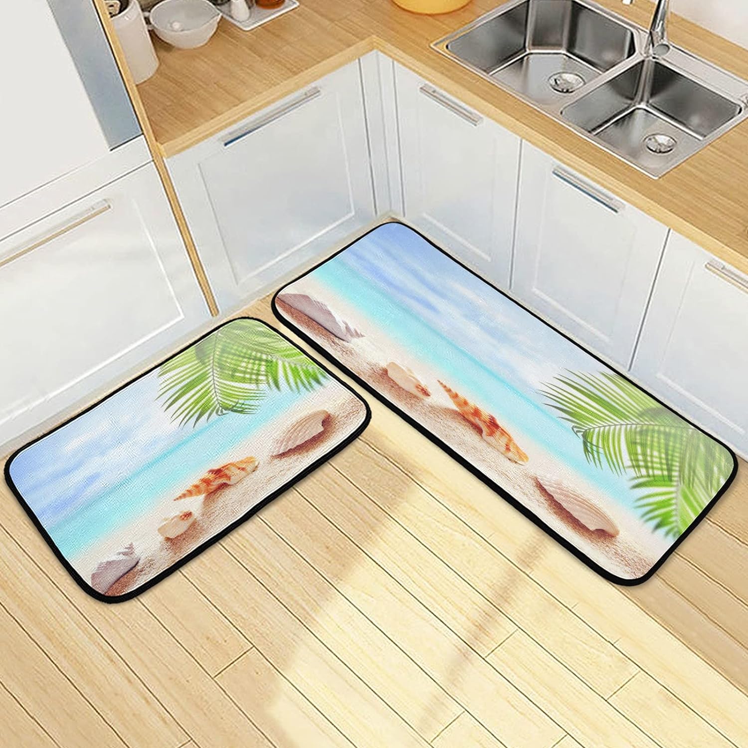 Summer Beach Seashell Kitchen Mats and Rugs Tropical Palm Leaf Floor