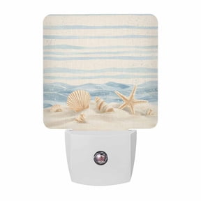 Summer Beach Seashell Night Lights, Ocean Watercolor Sea Shell Starfish Stripe Linen Smart Auto Dusk to Dawn Sensor Nightlights Plug-in Nightlight for Bedroom Bathroom Living Room Kitchen Hallway