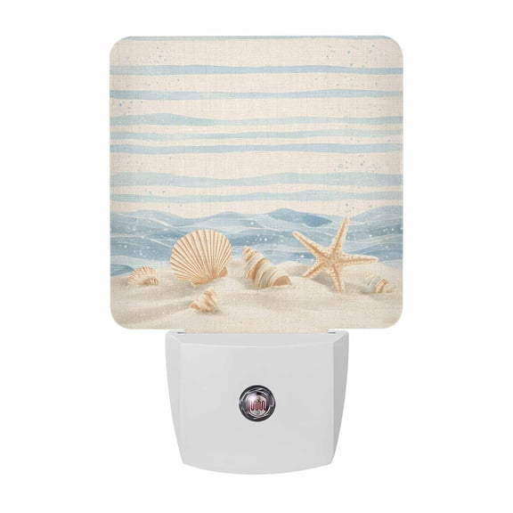 Summer Beach Seashell Night Lights, Ocean Watercolor Sea Shell Starfish Stripe Linen Smart Auto Dusk to Dawn Sensor Nightlights Plug-in Nightlight for Bedroom Bathroom Living Room Kitchen Hallway