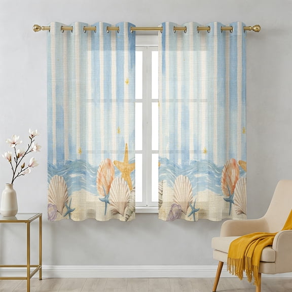 Summer Beach Seashell Sheer Curtains 39 Inch Long 2 Panels, Ocean Watercolor Sea Shell Starfish Stripe Light Filtering Semi Sheer Drapes Grommet Voile Window Curtain for Living Bedroom W27.9 x L39